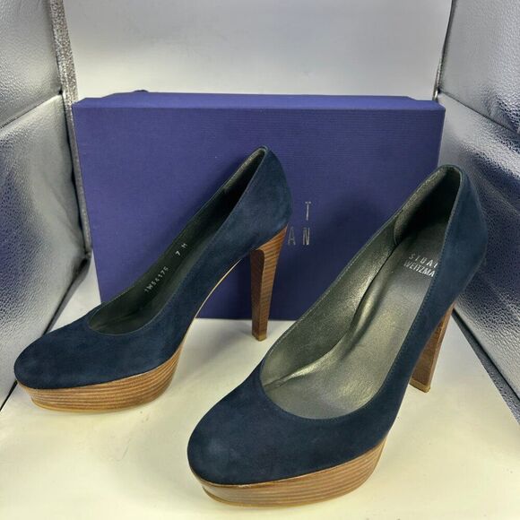 Stuart Weitzman Stilts Platform Pumps Suede leather ladies 7.5 nice blue shoes - Picture 4 of 14